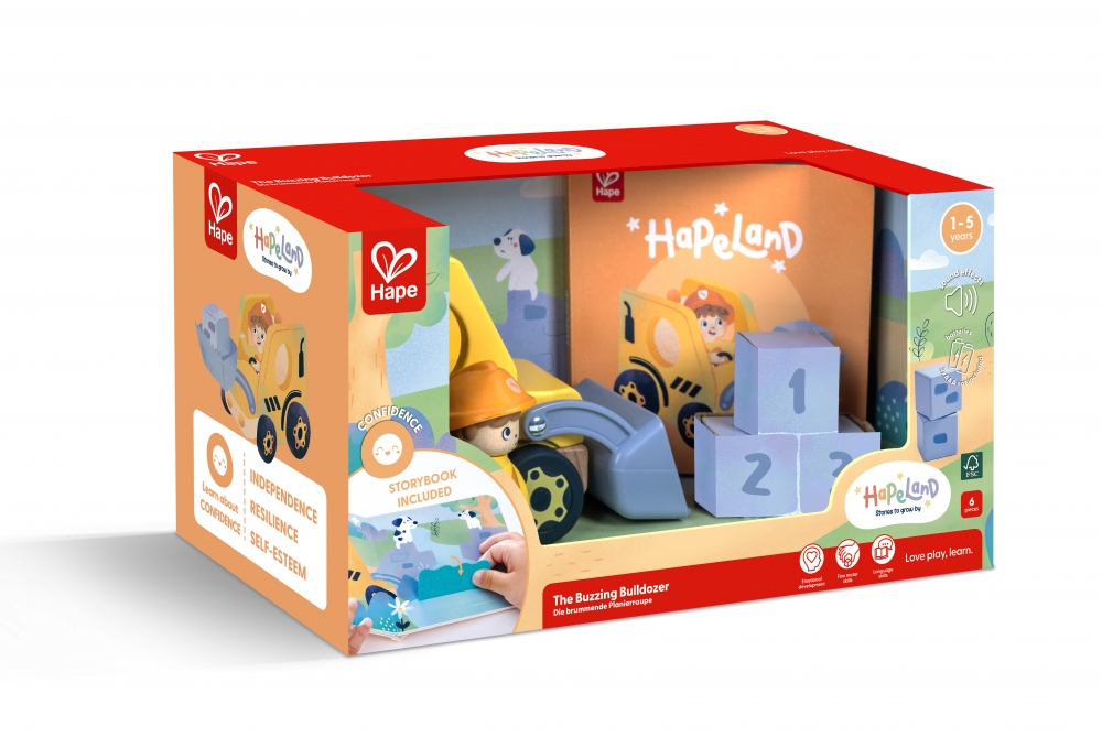 Игрален комплект, Hape, Бръмчащият булдозер с книжка, 6 части
