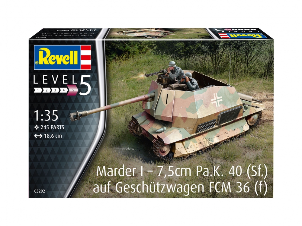 Assembled model, Revell, Marder I Tank Destroyer - 7.5cm Pa.K. 40 (Sf.) Auf Geschutzwagen FCM 36 (f), 245 pieces