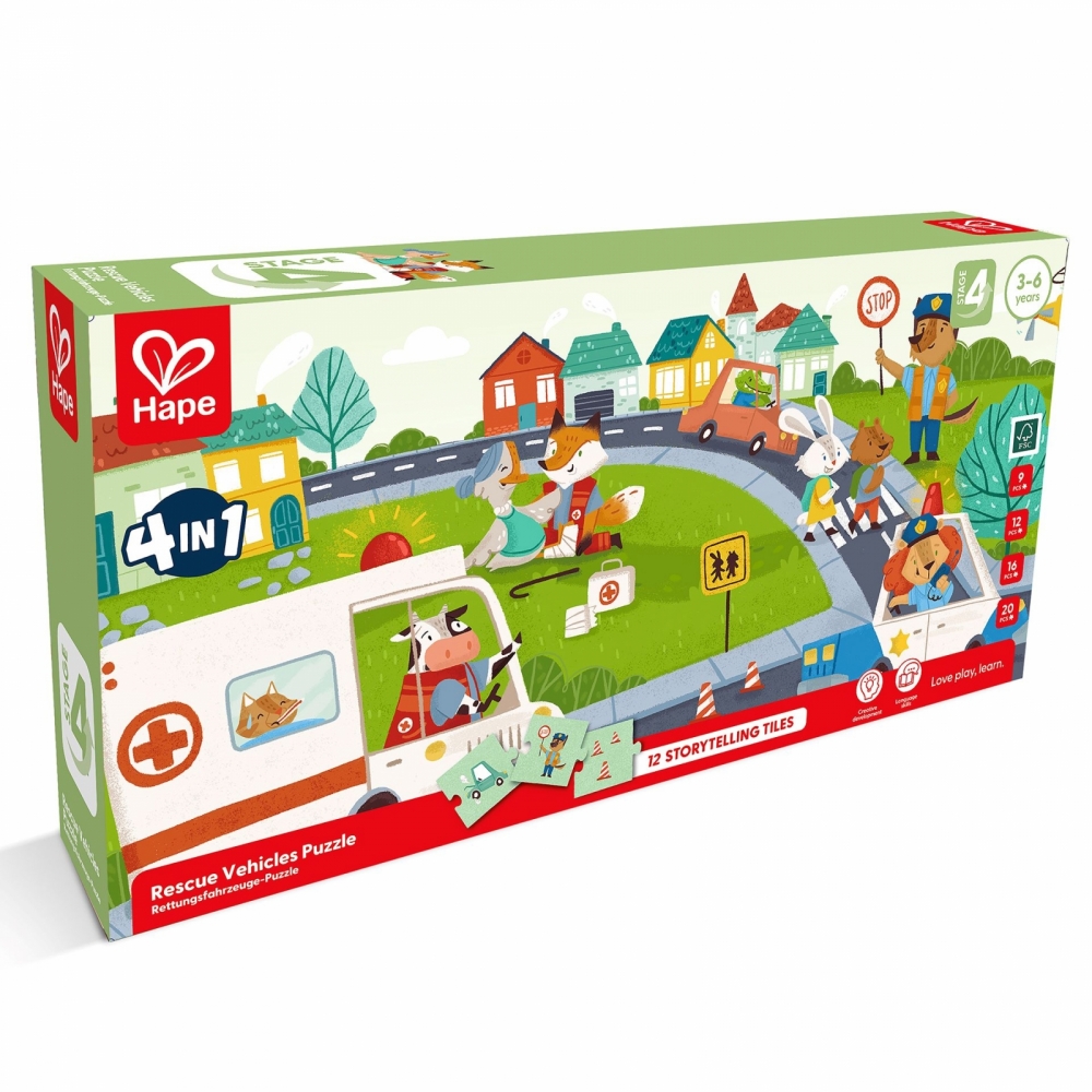Puzzle, Hape, Rescue vehicles 4 in 1, 9/12/16/20 pieces