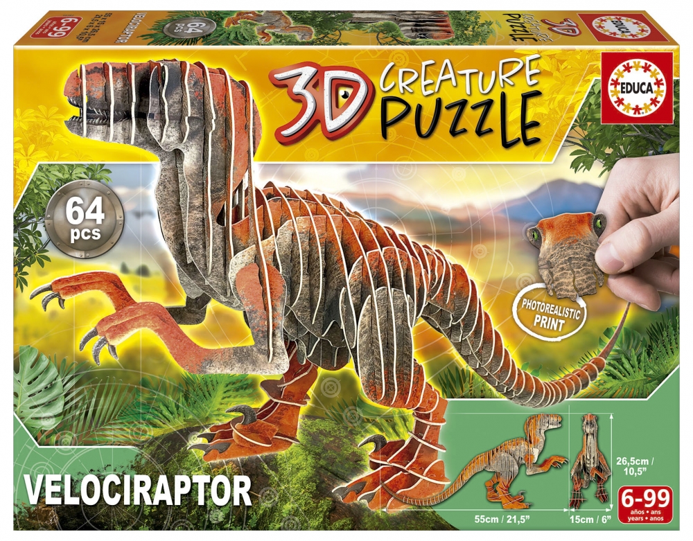 Puzzle, Educa, 3D Velociraptor, 64 pieces