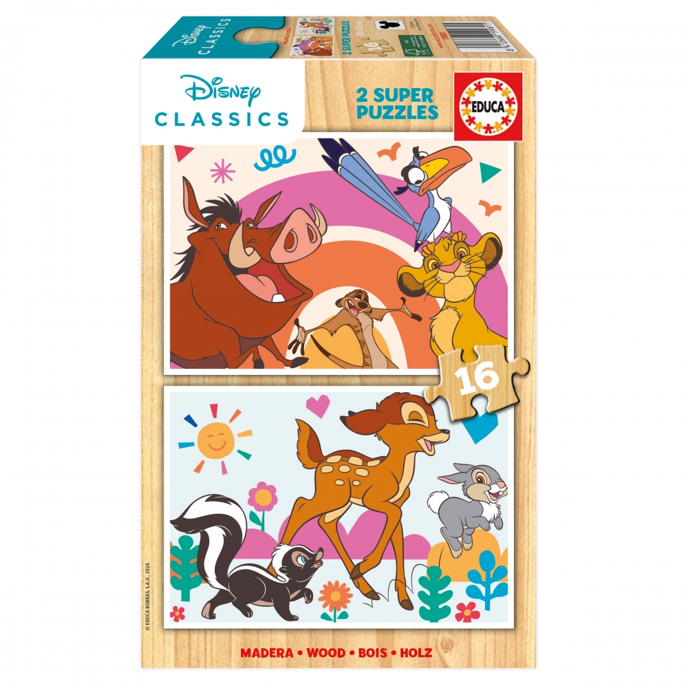 Wooden puzzle, Educa, Disney animals, 2 x 16 pieces