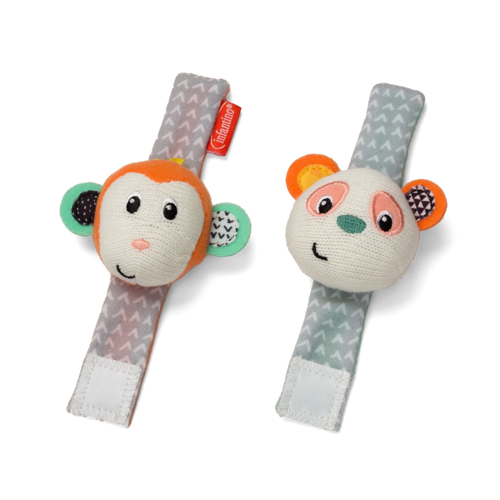 Set of soft bracelets with rattle, Infantino, Monkey and Panda, 2 pieces