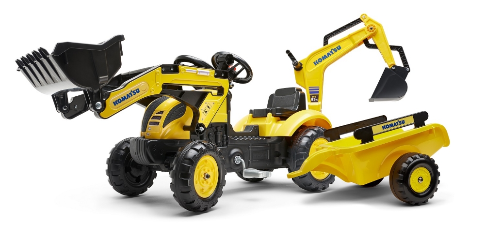 Children′s excavator with two buckets, trailer and pedals Komatsu - yellow