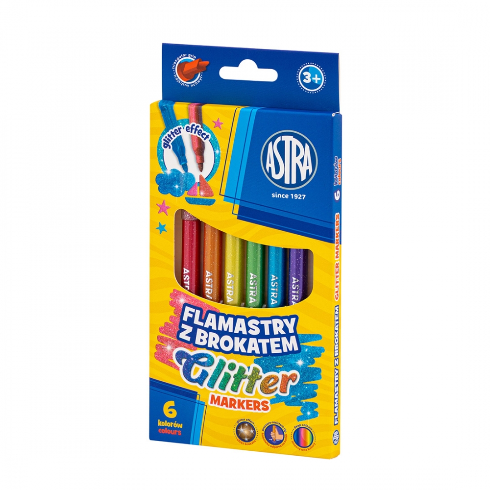 Set of Astra Glitter round felt-tip pens with glitter, 6 colors