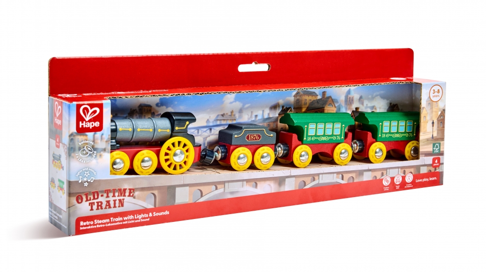 Wooden Retro Steam Train Set, Hape, with Lights and Sounds, 4 Pieces