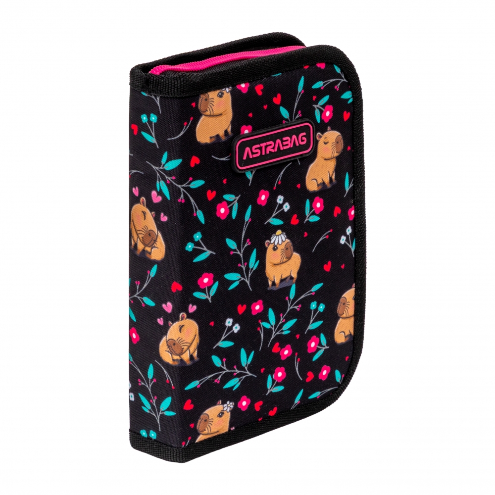 Single pencil case without accessories, Astra, Capybara and flowers, AC1, 20 x 14 x 3.5 cm