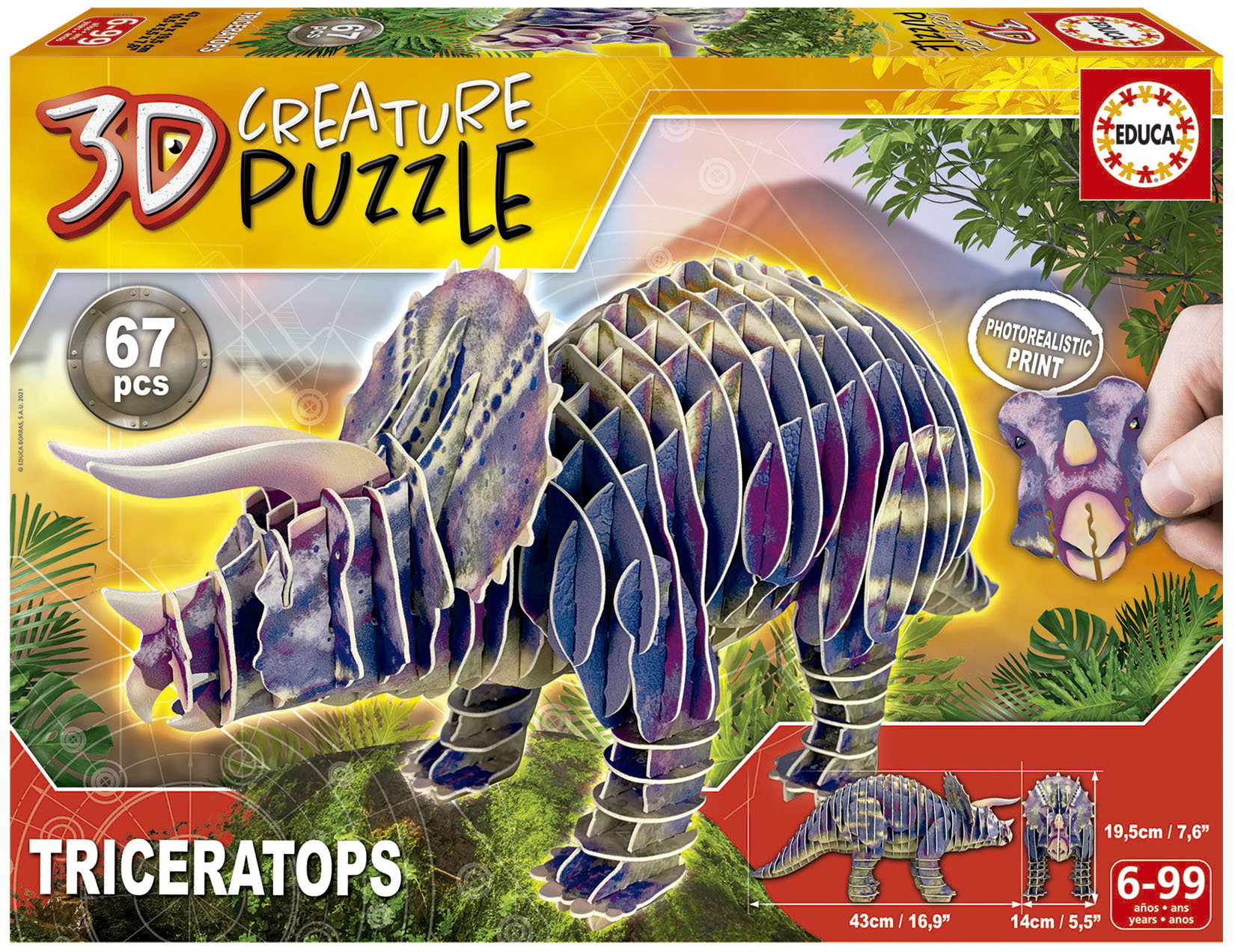 3D puzzle, Educa, Triceratops, 67 pieces