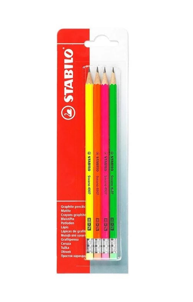 Set of graphite pencils with eraser, Stabilo, Swano fluo HB, 4 pieces
