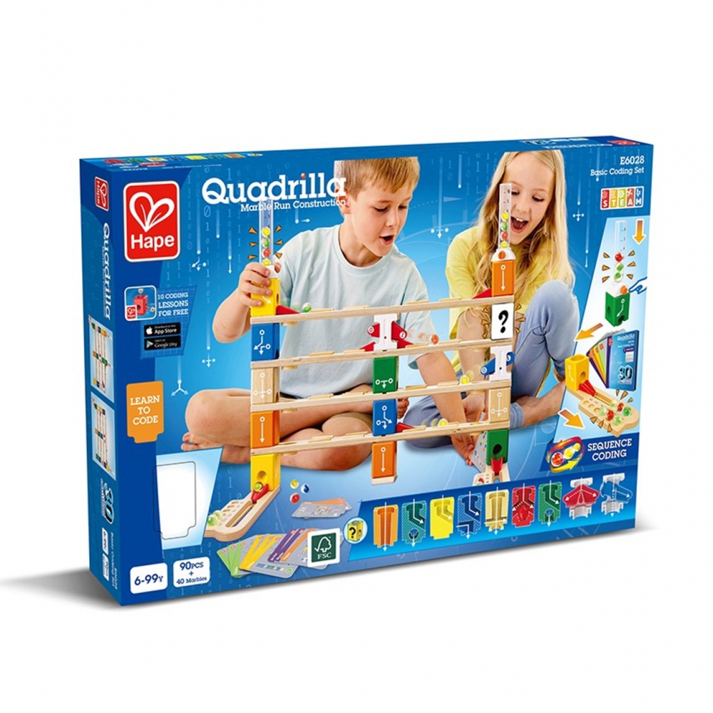Wooden track set, Hape, Quadrilla Basic Coding, 90 pieces