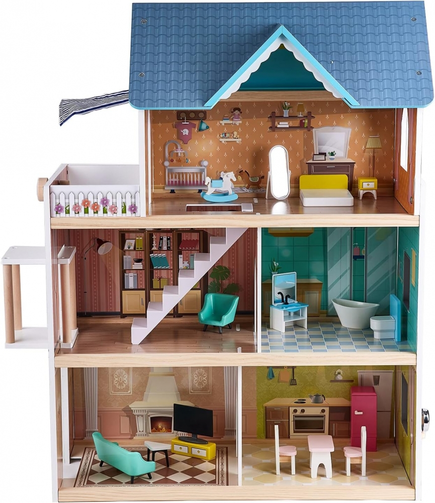 Wooden set, Hape, Dollhouse with LED light, 18 pieces