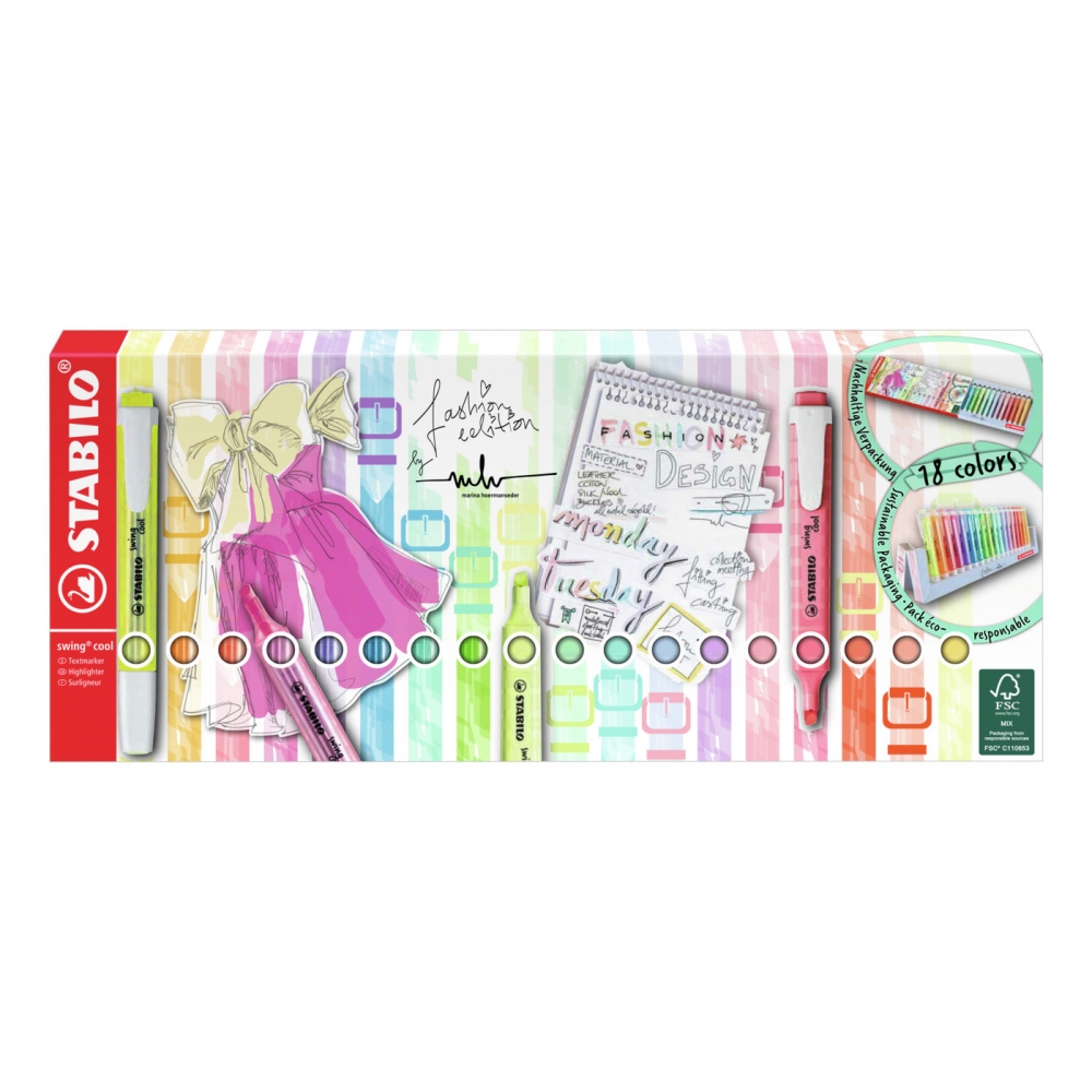 Set of text markers, Stabilo, Swing Cool Crayon, with desk stand, 18 colors