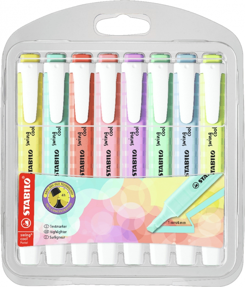 Set of text markers, Stabilo, Swing Cool Pastel, 8 colors