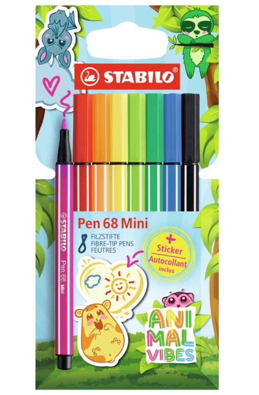 Set of felt-tip pens, Stabilo, Pen 68 Mini, Animal Vibes, 8 colors