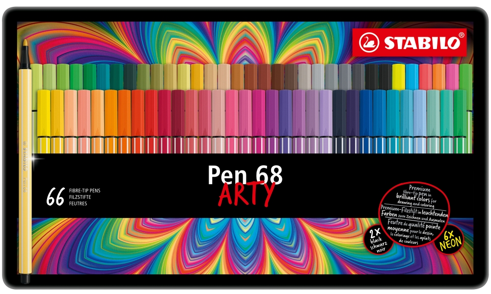 Set of felt-tip pens, Stabilo, Pen 68 Arty, metal box, 66 pieces