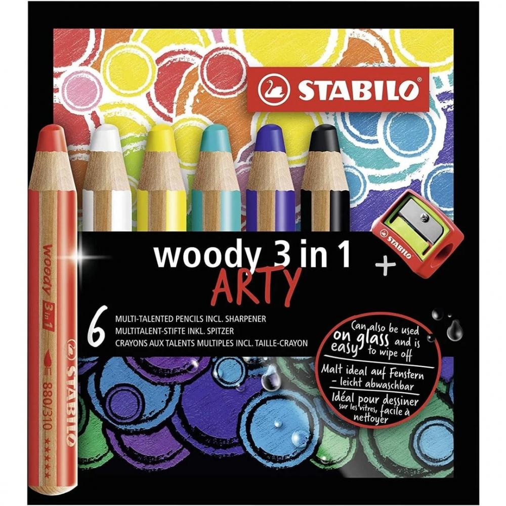 Set of colored pencils, Stabilo, Woody Arty 3 in 1 + sharpener, 6 colors