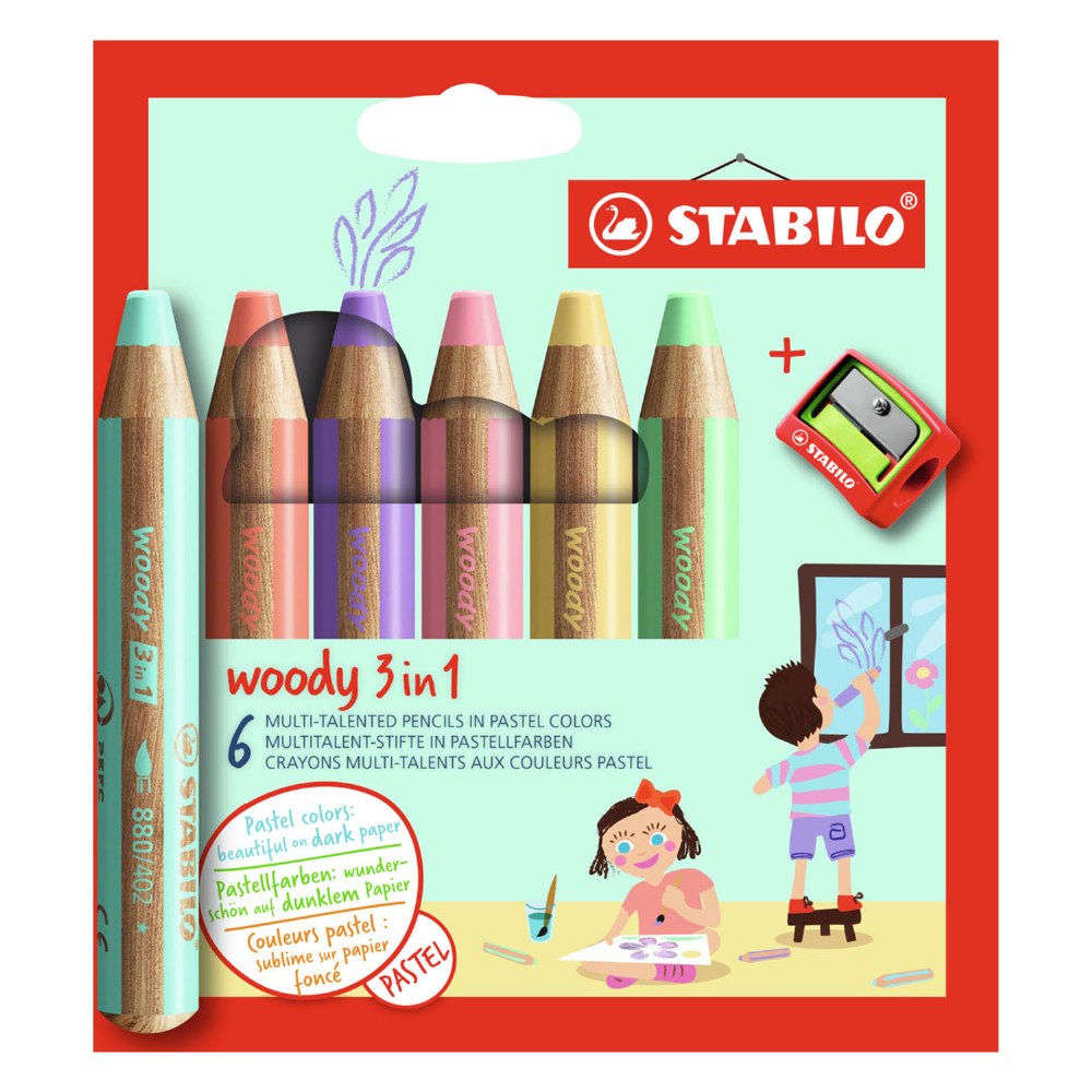 Set of colored pencils, Stabilo, Woody 3 in 1 Pastel + sharpener, 6 colors