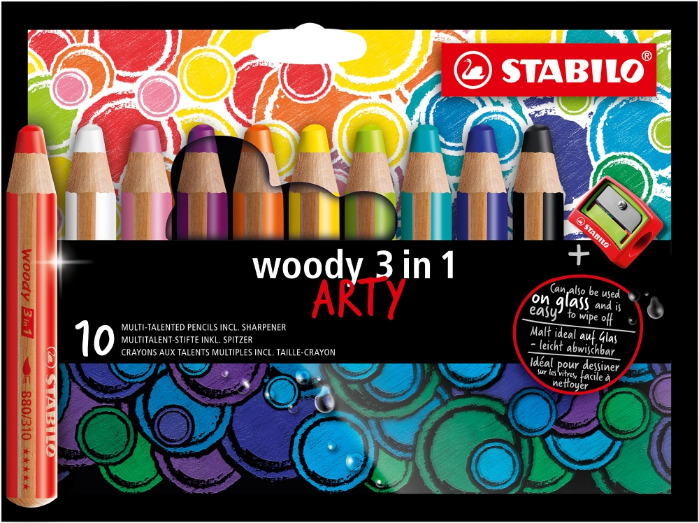 Set of colored pencils, Stabilo, Woody Arty 3 in 1 + sharpener, 10 colors