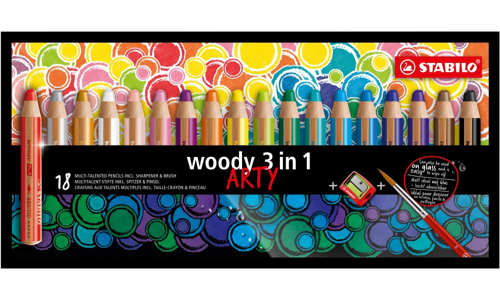 Set of colored pencils, Stabilo, Woody Arty 3 in 1 + sharpener + brush, 18 colors