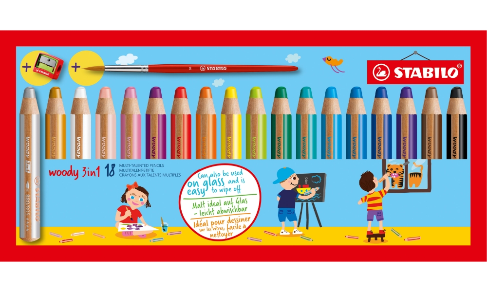 Set of colored pencils, Stabilo, Woody 3 in 1 + sharpener + brush, 18 colors