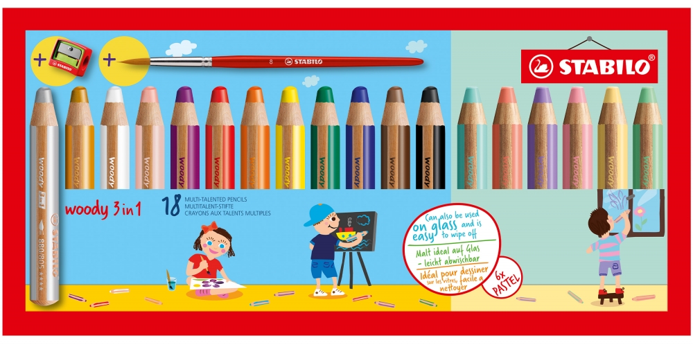 Set of colored pencils, Stabilo, Woody 3 in 1 Pastel + sharpener + brush, 18 colors