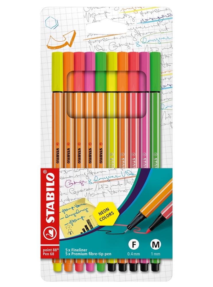 Set of markers, Stabilo, Point 88/Pen 68 Neon, 10 pieces