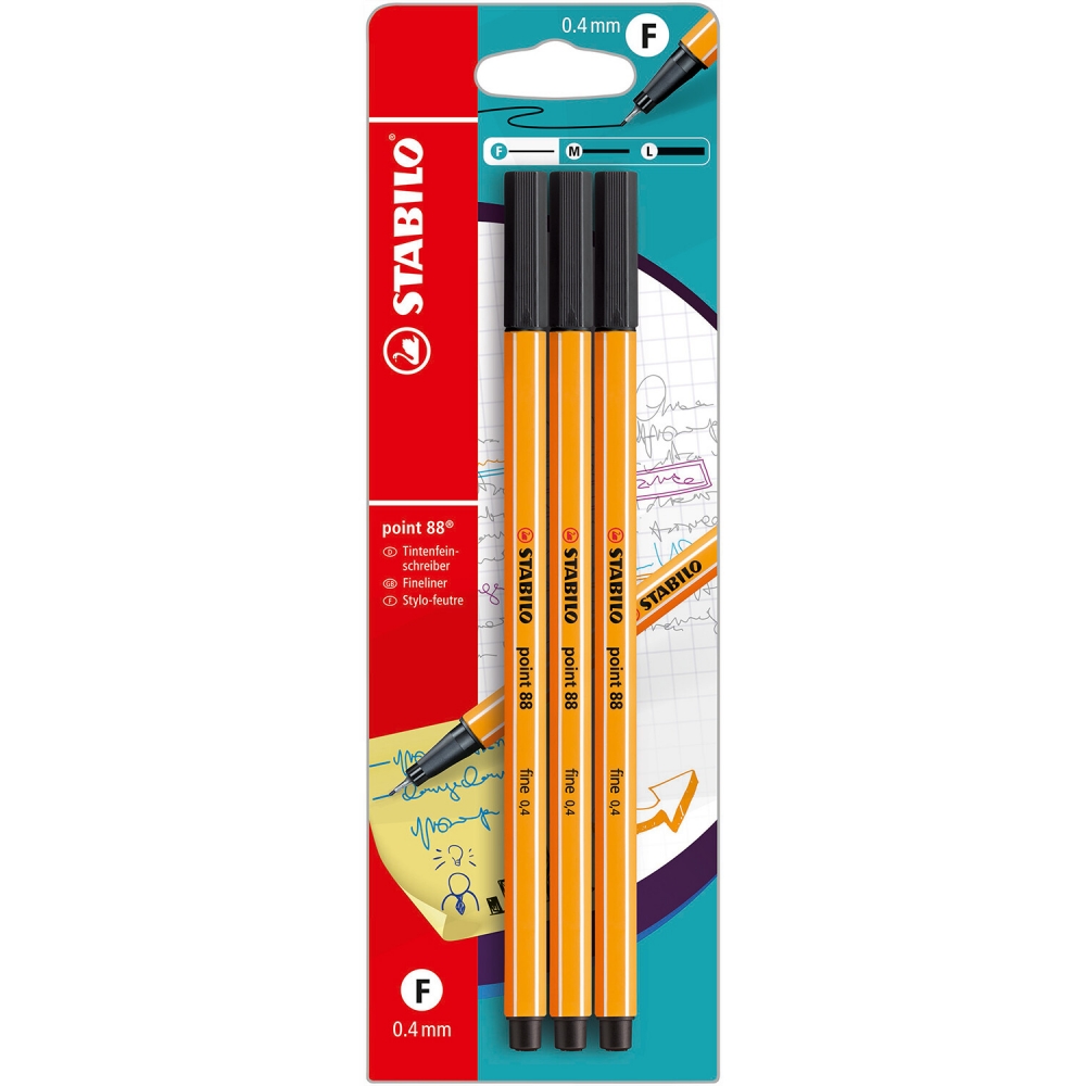 Set of fountain pens, Stabilo, Point 88 fine 0.4, Black, 3 pieces