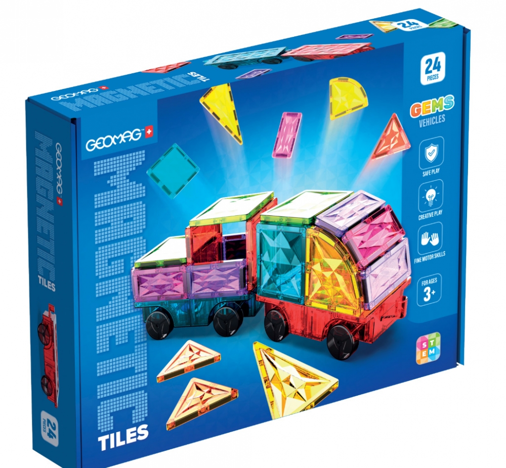 Magnetic constructor, Geomag, Multicolored tiles, Vehicles, 24 pieces