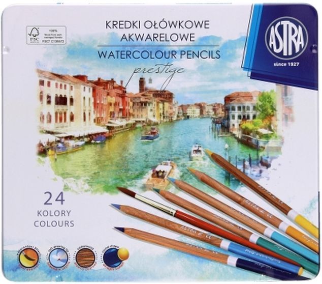 Set of Astra watercolor pencils, Cedar wood in a metal box, Multicolor, 24 colors