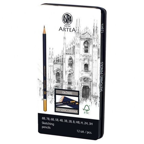Set of pencils for sketching in a metal box, Astra, 12 pieces