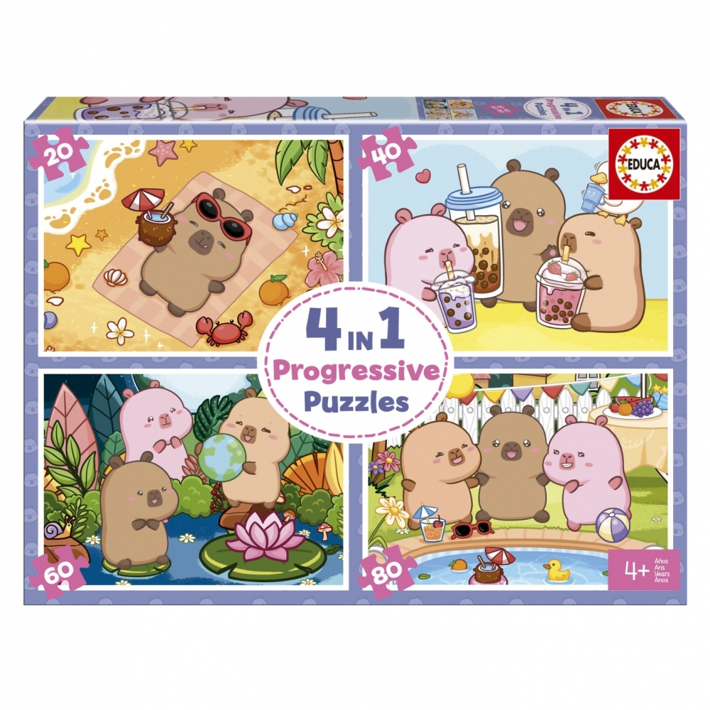 Progressive puzzle, Educa, Cheerful capybaras, 4 in 1, 20-40-60-80 pieces