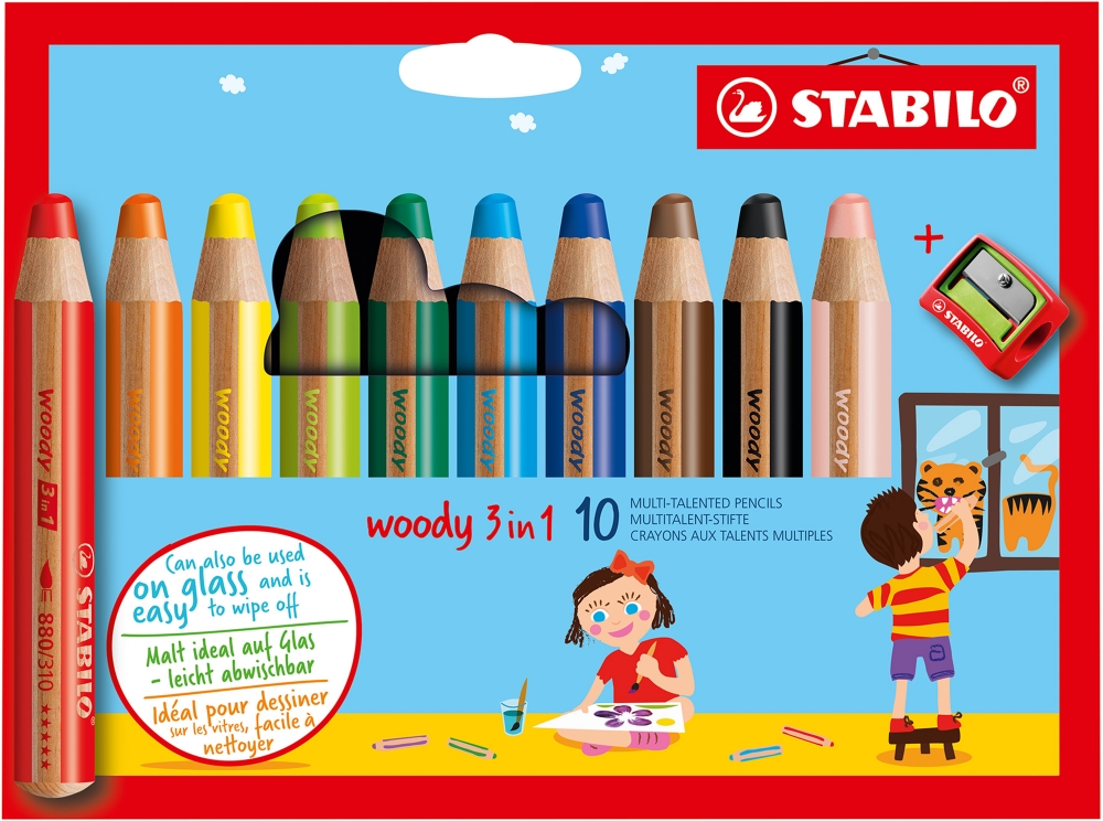Комплект цветни моливи, Stabilo, Woody 3 в 1 + острилка, 10 цвята