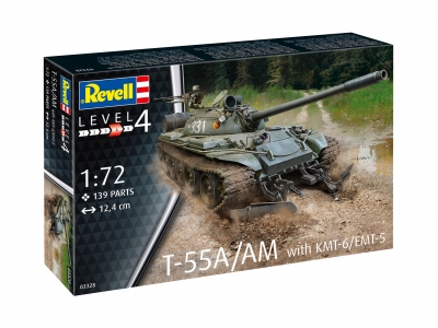 Model de asamblare, Revell, Tanc sovietic T-55A/AM cu plug de mine KMT-6/EMT-5, 139 piese