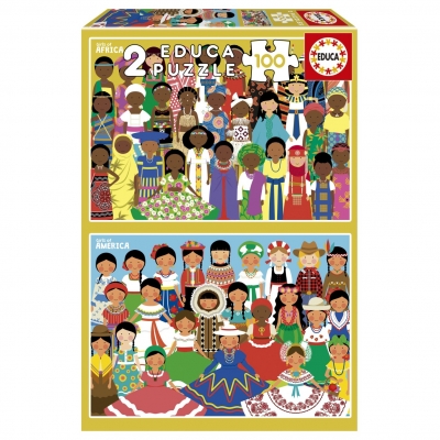 Puzzle, Educa, Girls from America and Africa 2 in 1, 2x100 pieces
