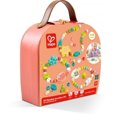 Kit DIY din lemn, Hape, bijuterii cu mărgele, 130 de piese