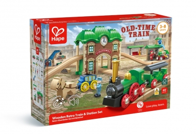 Set tren și gară retro din lemn, Hape, 40 de piese