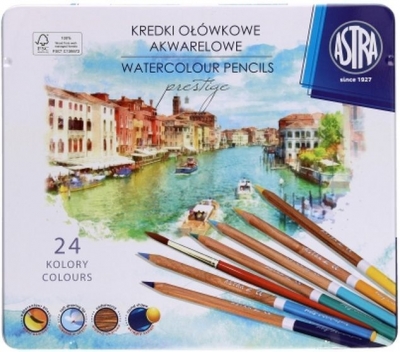 Set creioane acuarela din lemn de cedru in cutie metalica, Astra Prestige, 24 culori
