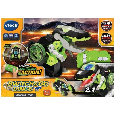 Jucarie Interactiva Riot The T-Rex, 2 in 1, Dinozaur Transformabil in Masina de Curse, cu Telecomanda, Efecte Luminoase si Sonore, Ecran LCD cu Animatii, Fraze in Engleza, Verde