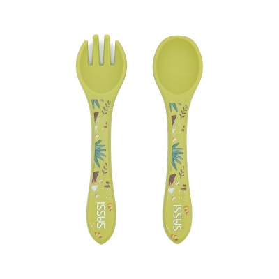 Silicone feeding set, fork and spoon, Sassi, Dinosaur