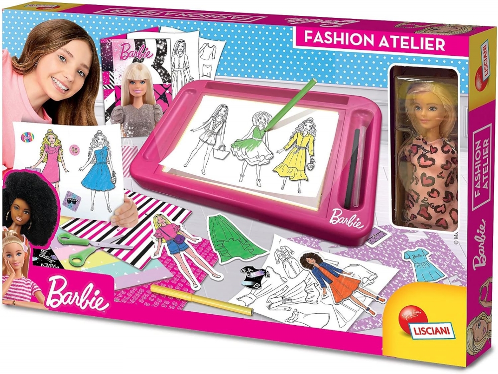 Set creativ, Lisciani, Barbie, Școală de desen cu tablă luminoasă, Studio de modă cu păpușă Barbie inclusă