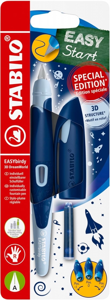 Stilou ergonomic, Stabilo, EASYbirdy, 3D DreamWorld R A, Mana dreapta, Blister, Albastru