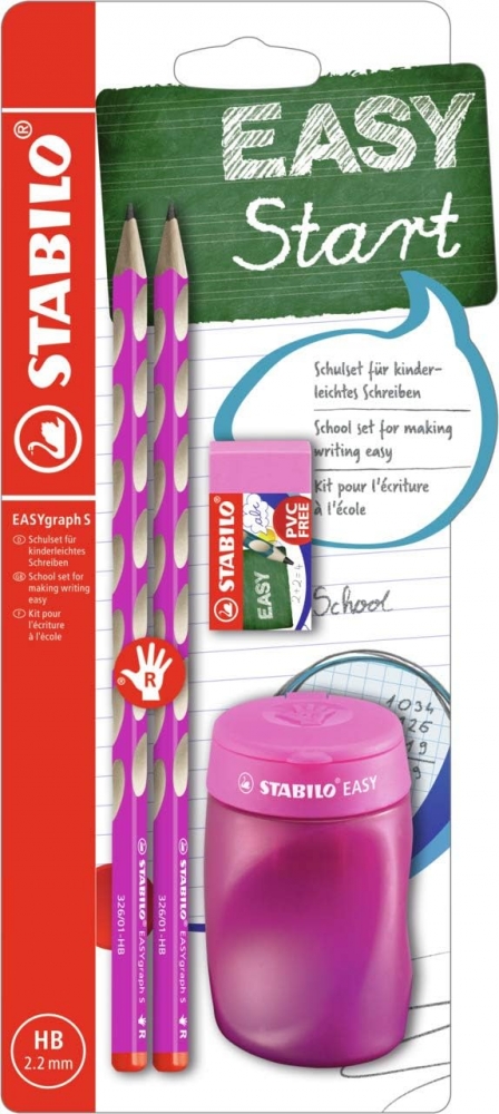 Set de creioane ergonomice, Stabilo, EASYgraph S, pentru dreptaci, 2 bucăți cu ascuțitoare și radieră, Roz