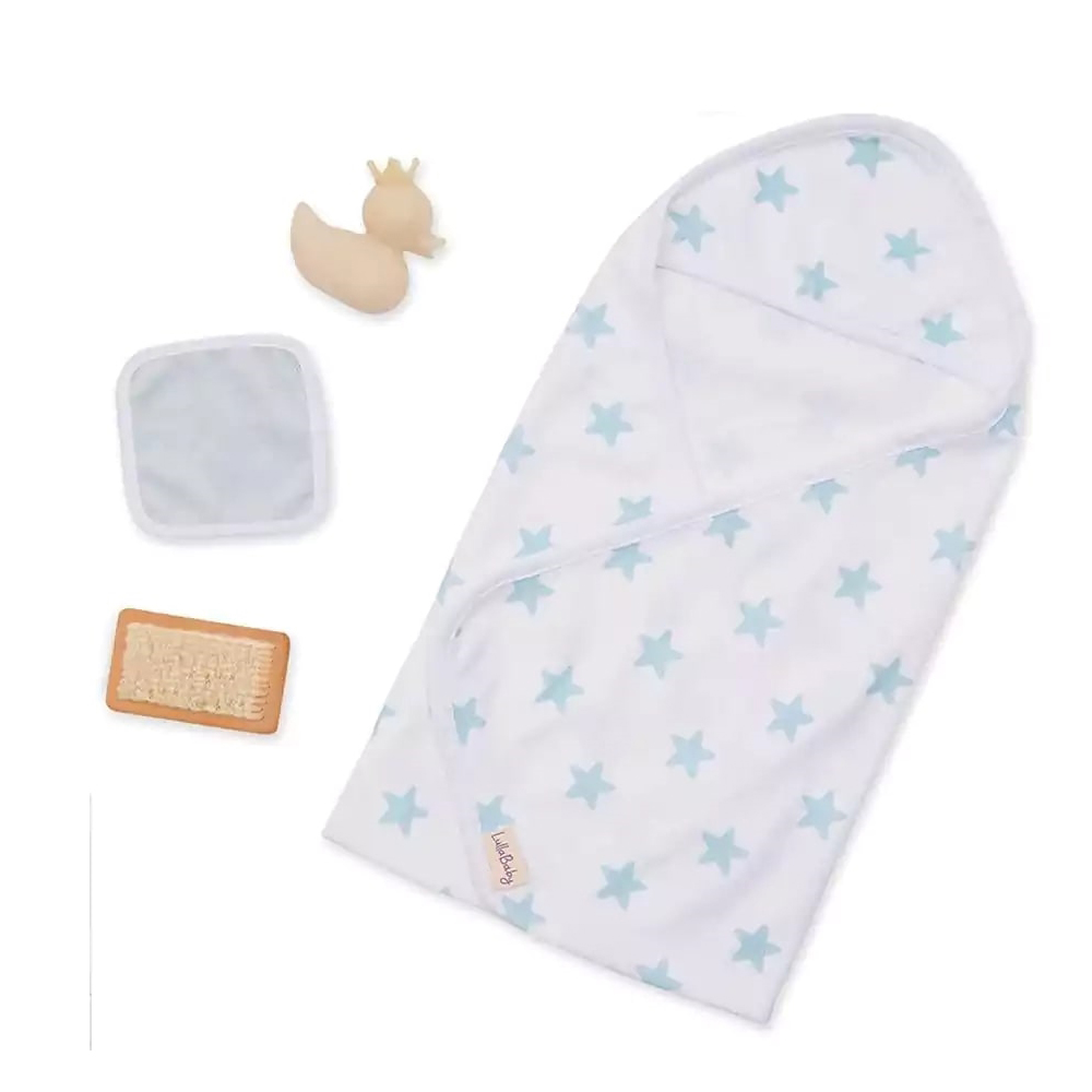 Set de accesorii pentru păpuși, Battat, Lulla Baby, halat de baie, 4 piese, albastru