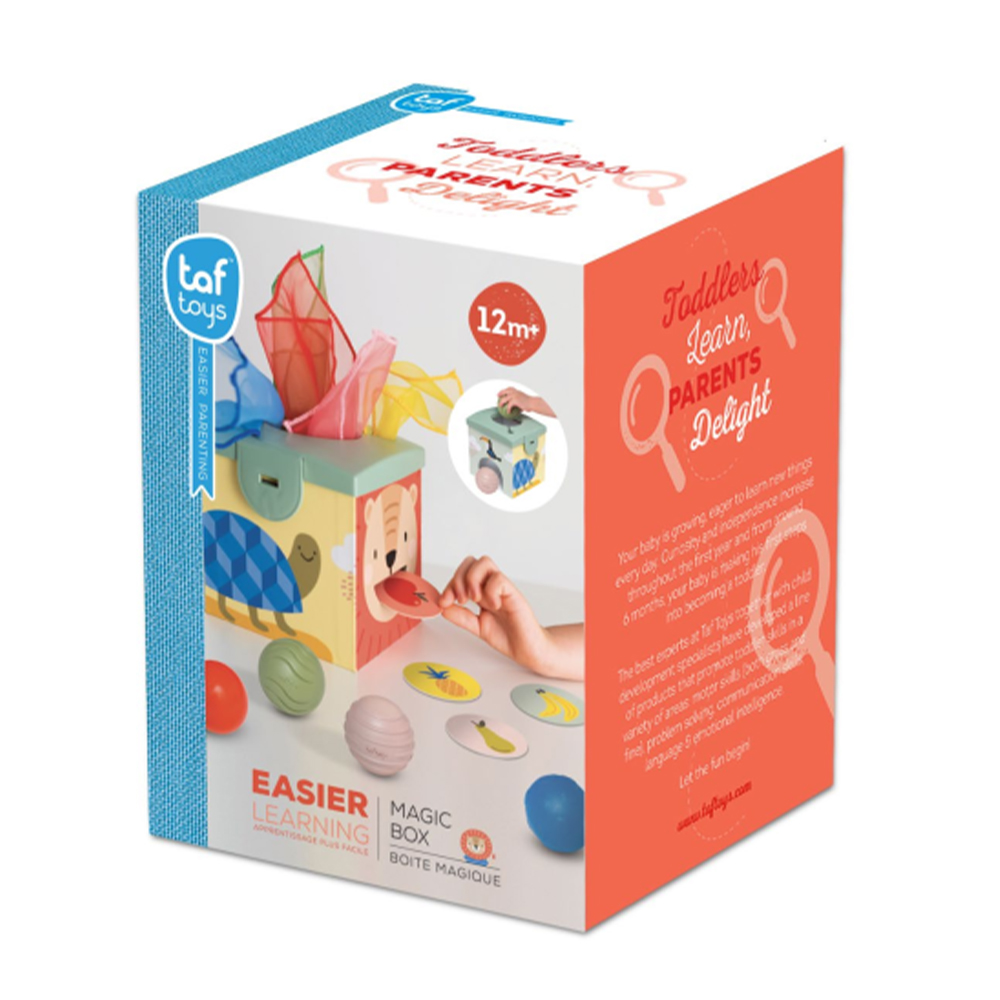 Cutie interactiva de joaca MAGIC BOX, Taf Toys, Plastic, 13.5 x 13.5 cm, 12 luni, Multicolor