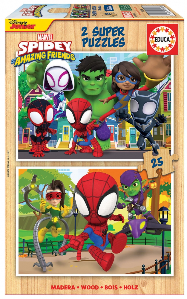 Puzzle din lemn, Educa, Spiderman și prietenii săi uimitori, 2 x 25 piese