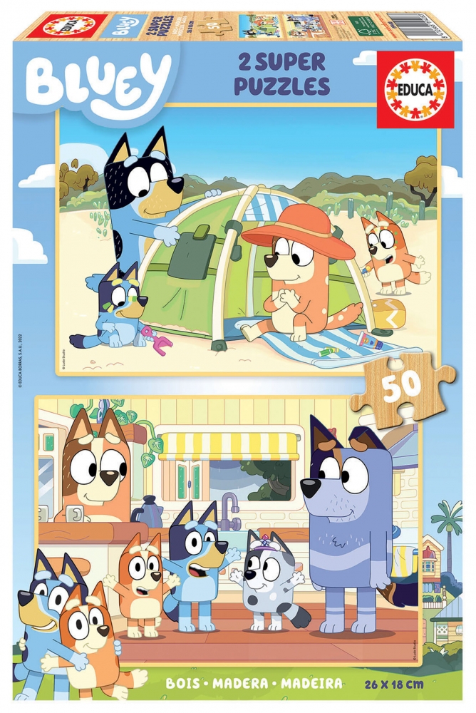 Puzzle din lemn, Educa, Bluey, 2 × 50 piese