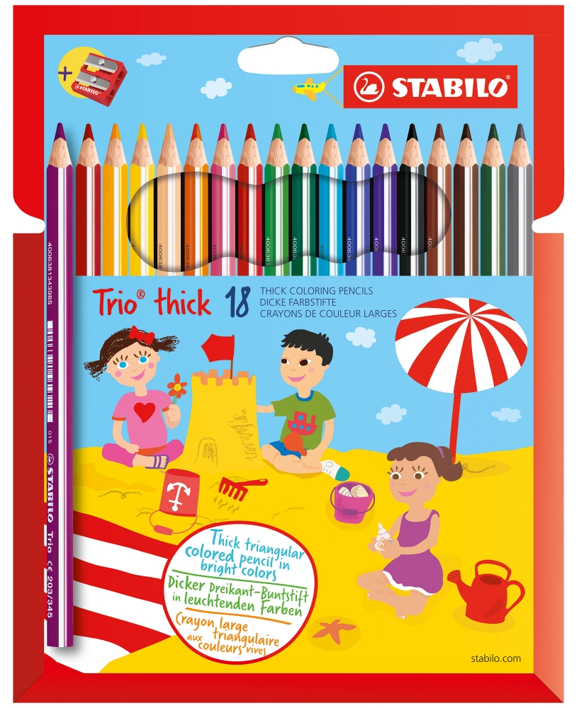Set Stabilo Trio Thick set 18 culori, cutie carton plus ascutitoare