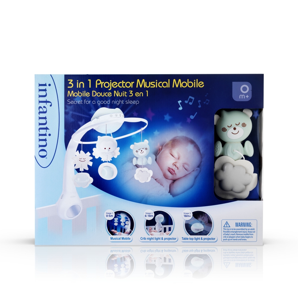 Carusel muzical pentru patut, Infantino, 3 in 1, alb/verde