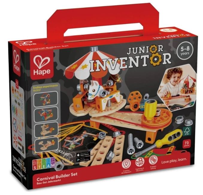 Set din lemn, Hape, Micul Inventator, Construieste-ti Propriul Carnaval, 73 de piese
