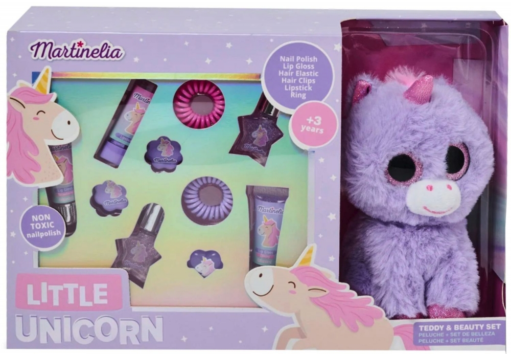 Set cosmetic cu jucarie de plus, Martinelia, Micul Unicorn, 11 piese