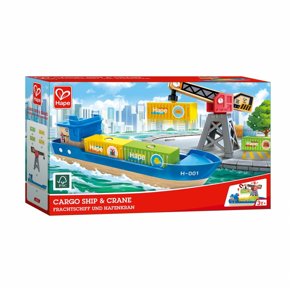 Set de joaca, Hape, Nava de marfa si macara, 6 piese